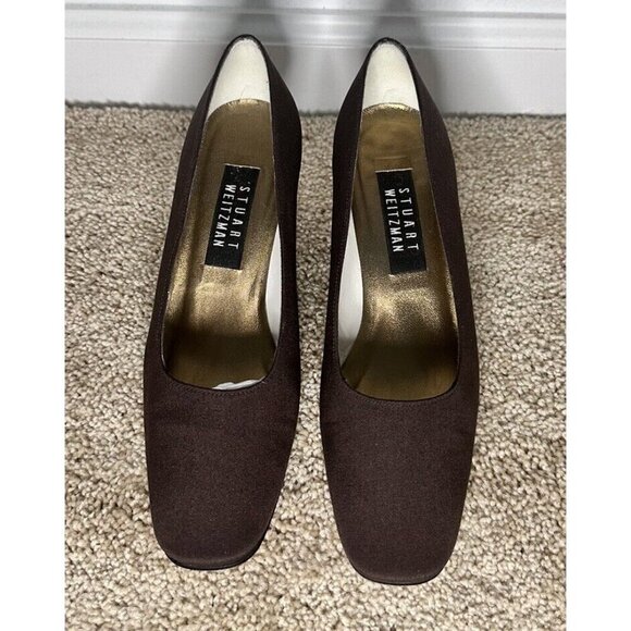 Stuart Weitzman Choc Brown Fabric Round Square Toe Curved Block Heel Pumps. 7M - Picture 1 of 11